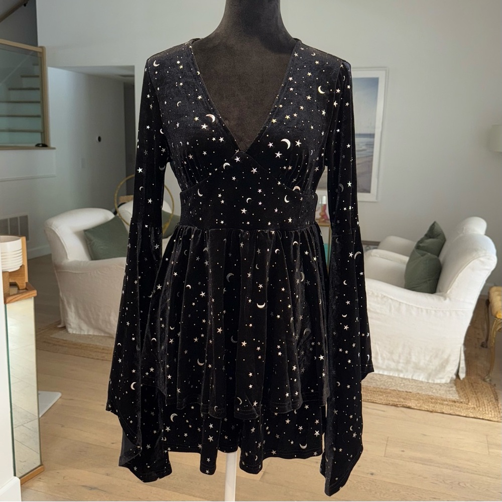 Celestial Star & Moon Velvet Bell Sleeve Romper